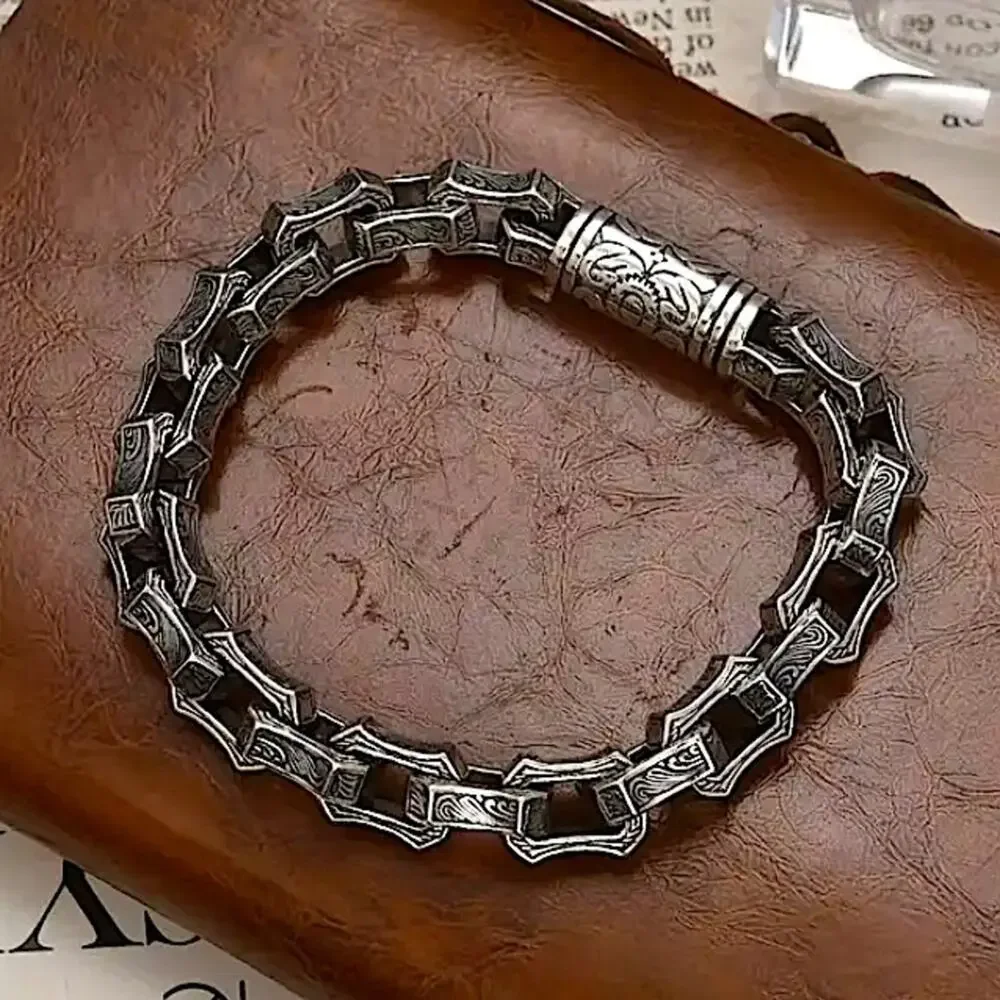 Stainless Steel Chain Link Bracelet, Mantra, Curb Hand Woven Engraved